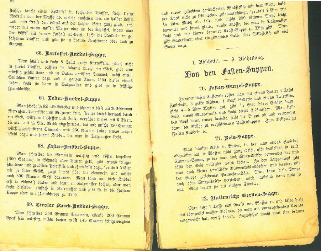 Kochbuch „Tiroler Küche“ von Cäcilia Gstrein, 1898, Tiroler Speckknödel