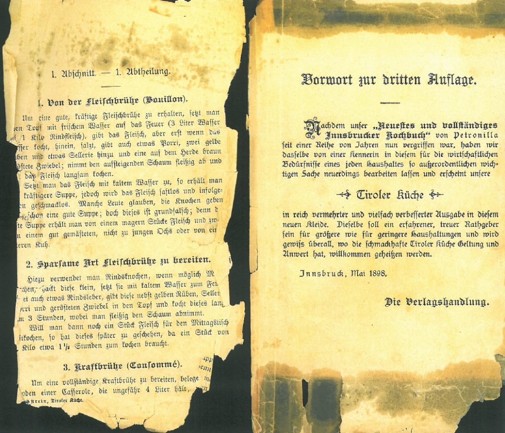 Kochbuch „Tiroler Küche“ von Cäcilia Gstrein, 1898, Vorwort