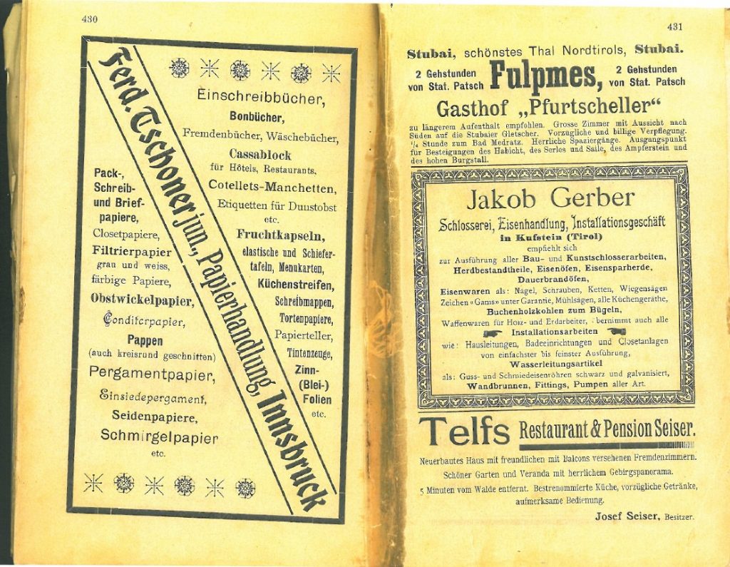 Kochbuch „Tiroler Küche“ von Cäcilia Gstrein, 1898, Werbung